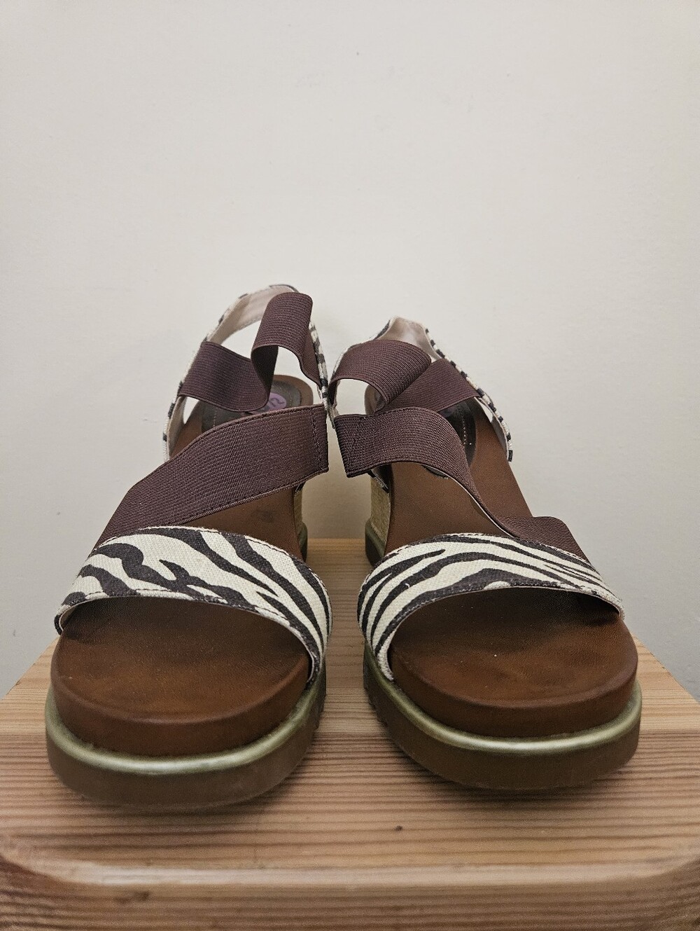 Lucca Lane Wedge Sandals with Zebra Print and Brown Elastic Straps, Size 8.5